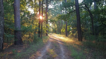 Obraz premium Sunset trail adventure through lush forest path nature photography serene environment warm light viewpoint