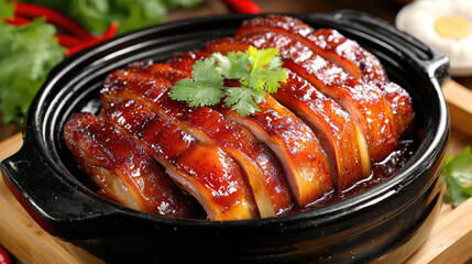 Succulent roasted pork slices with a shiny glaze