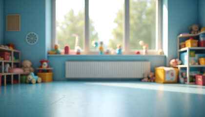 An empty wooden floor against a fuzzy background of a blue kindergarten or child's room. An empty wooden table. Wood desck. Blurred background. Blue children's room with large window. Bg colorful