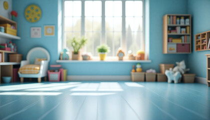 An empty wooden floor against a fuzzy background of a blue kindergarten or child's room. An empty wooden table. Wood desck. Blurred background. Blue children's room with large window. Bg colorful