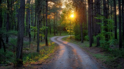 Naklejka premium Sunset illuminating winding path in serene forest nature photography tranquil environment captured viewpoint