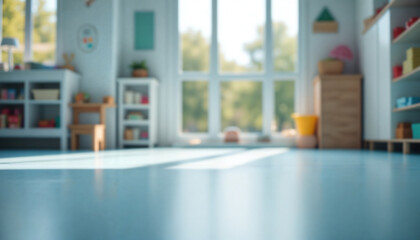 An empty wooden floor against a fuzzy background of a blue kindergarten or child's room. An empty wooden table. Wood desck. Blurred background. Blue children's room with large window. Bg colorful