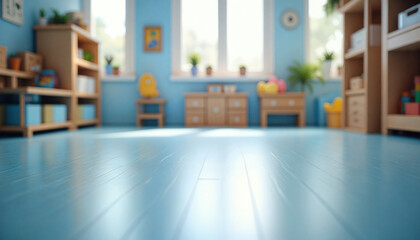 An empty wooden floor against a fuzzy background of a blue kindergarten or child's room. An empty wooden table. Wood desck. Blurred background. Blue children's room with large window. Bg colorful
