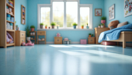 An empty wooden floor against a fuzzy background of a blue kindergarten or child's room. An empty wooden table. Wood desck. Blurred background. Blue children's room with large window. Bg colorful
