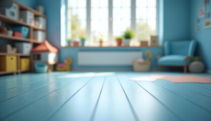 An empty wooden floor against a fuzzy background of a blue kindergarten or child's room. An empty wooden table. Wood desck. Blurred background. Blue children's room with large window. Bg colorful