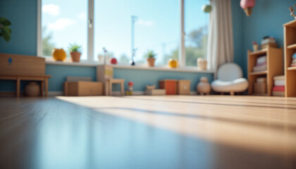 An empty wooden floor against a fuzzy background of a blue kindergarten or child's room. An empty wooden table. Wood desck. Blurred background. Blue children's room with large window. Bg colorful