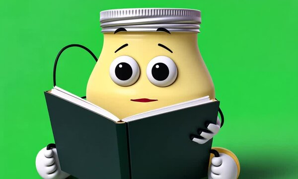 cartoon Mayonnaise jar reading a book