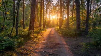 Obraz premium Sunset walk on forest path tranquil nature scene serene environment idyllic landscape viewpoint for outdoor inspiration