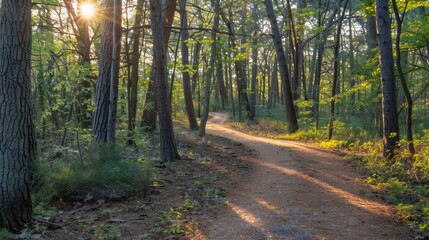 Obraz premium Serene morning walk through lush forest pathway nature trail scenic viewpoint tranquil environment for relaxation