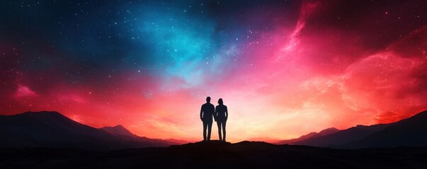 Fototapeta premium Silhouettes of Couple Under Starry Sky in Colorful Night Scene