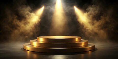 Golden podium with three tiers in dark room with spotlights and smoke , success, achievement, awards, ceremony