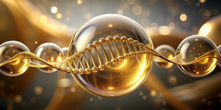 DNA strand intertwined in golden liquid bubble, rendering, DNA, genetics, structure, helix, molecule, biology