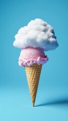 Pink ice cream cone with a cloud on top. The ice cream is melting and the cone is upside down