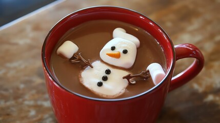 Red mug with hot chocolate with melted marshmallow 
