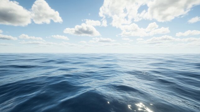 Calm ocean surface with blue water and bright sky, few clouds.