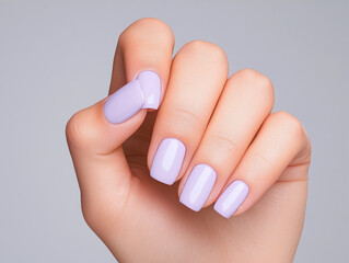 Glossy lavender nails, square-shaped and polished
