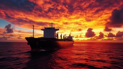 Naklejka premium Cargo ship sailing on dramatic ocean at sunset.