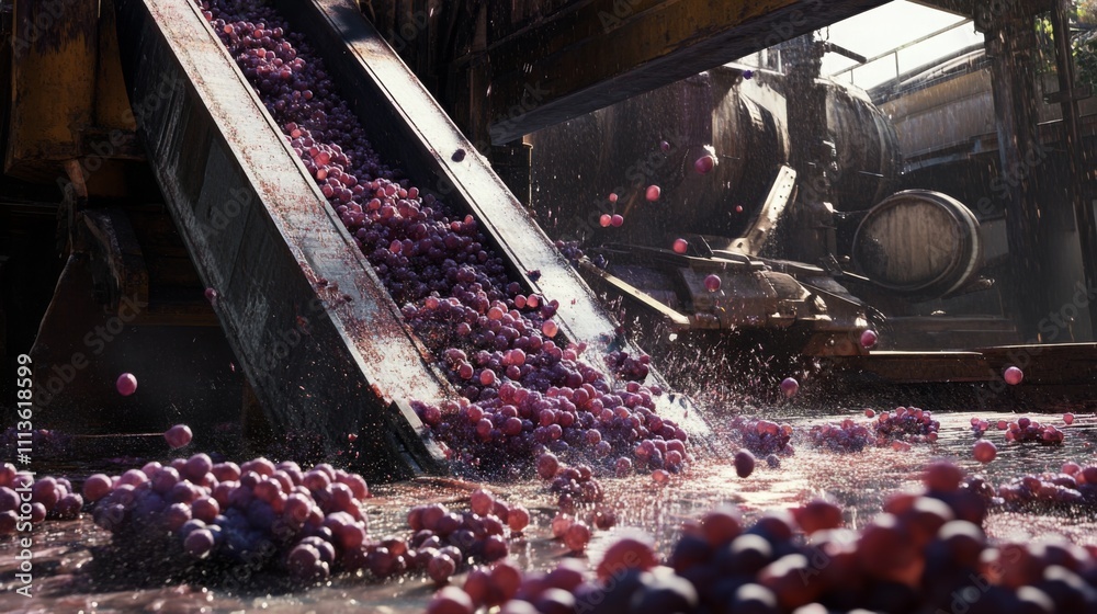 Aufkleber grapes flow down a conveyor belt, splashing into water below as they are processed for wine producti