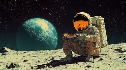 Obraz premium Astronaut having a meal on the moon