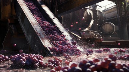 Grapes flow down a conveyor belt, splashing into water below as they are processed for wine production.