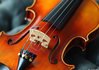 Close-up of a polished violin's bridge and strings against a dark fabric.