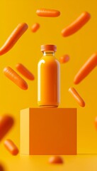 Bottle of carrot juice is on a yellow box. The bottle is surrounded by carrots in the air