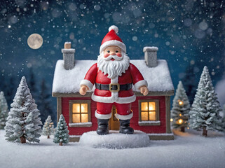 Obraz premium A miniature Santa Claus doll standing atop a snowy house display.