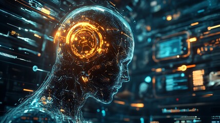 Fototapeta premium Digital Mind: A Wired Humanoid Figure Illuminated by Tech