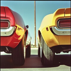 Classic muscle cars, red and yellow, rear view.