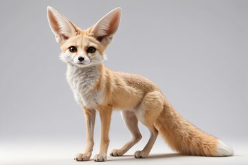 Fennec fox standing against gray background.