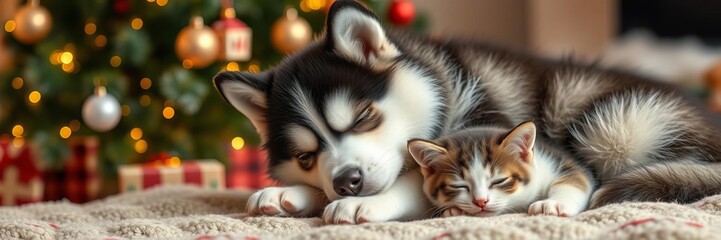 Alaskan malamute puppy cuddling sleepy cat under Christmas tree, holiday, festive