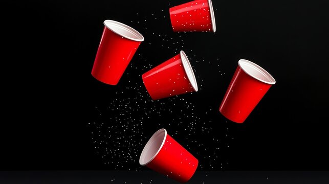 Bunch of red cups are falling from the sky. The cups are empty and are falling in a random pattern