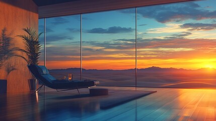Obraz premium Sunset view from modern room with chaise lounge.