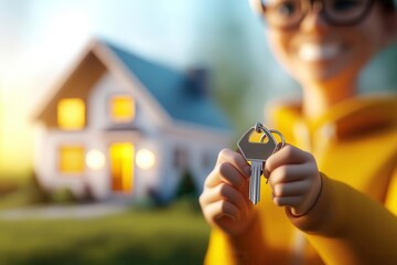 3D model of person holding keys in front of house, symbolizing home