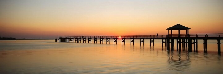 Fototapeta premium An idyllic pier over serene waters at sunset with warm toned sky reflections, peaceful, idyllic