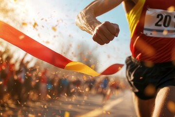 runner crossing finish line with confetti and excitement