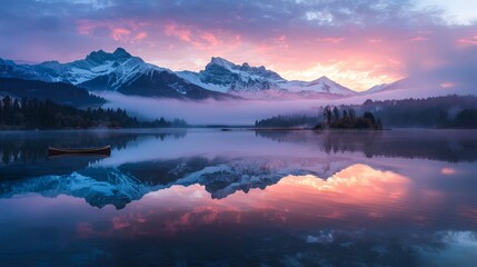 Obraz premium Serene sunrise reflection over calm lake mountain landscape nature photography tranquil environment wide angle view scenic beauty