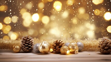 Obraz premium Beautiful Christmas Decor with Ornaments and Pine Cones on Wood