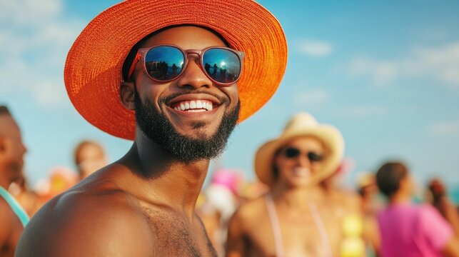 Diverse group of people enjoying lively beachside and cultural events during a vibrant summer vacation  The image captures a festive atmosphere of unity friendship and enjoyment among the beachgoers