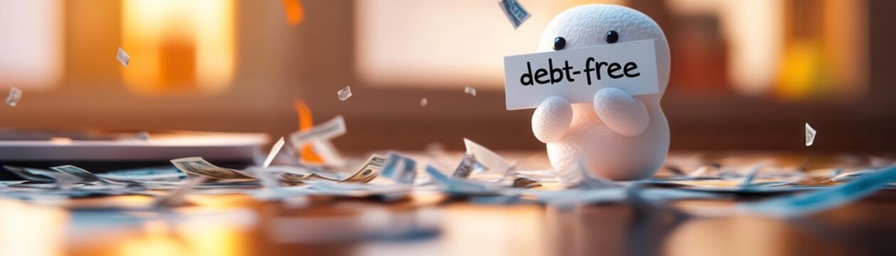 3D character holding sign saying debt free surrounded by money