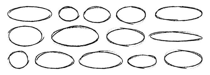 Hand drawn doodle grunge circle highlights. Freehand painted circular note. Charcoal pen round ovals. Marker scratch scribble. Round scrawl frames _Vector illustration.