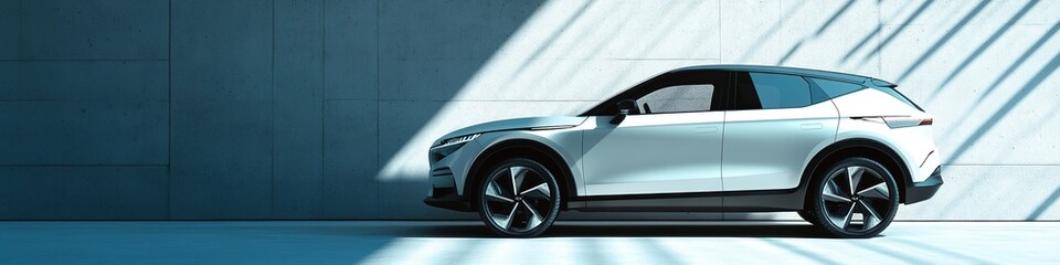 White SUV under geometric shadows on blue background, modern design