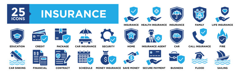 Insurance icon collection set. Containing design Insurance, Health Insurance, Insurance, Family Insurance, Life Insurance	