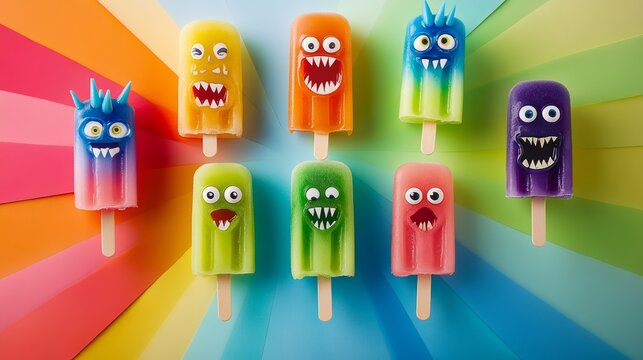 Row of colorful ice pops with monster faces on them. The ice pops are arranged in a rainbow pattern, with each one having a different color and monster design. Scene is playful and fun