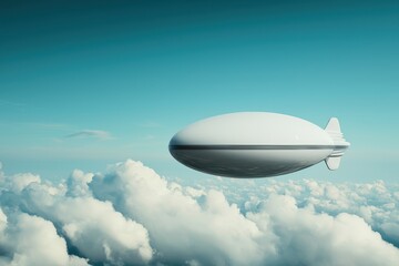 A sleek airship glides above fluffy clouds against a bright blue sky, showcasing a serene and futuristic mode of aerial travel.