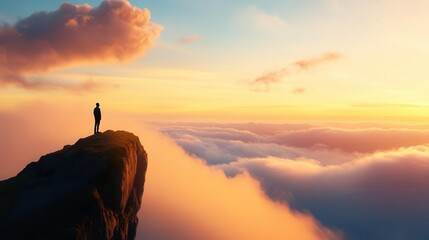 Fototapeta premium person standing on cliff above clouds at sunset, feeling serene