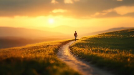 person walking on winding path during beautiful sunset