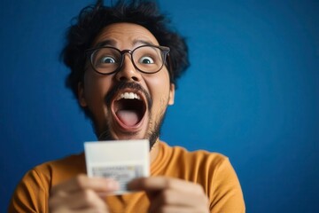 Excited person holding winning ticket, expressing joy and surprise