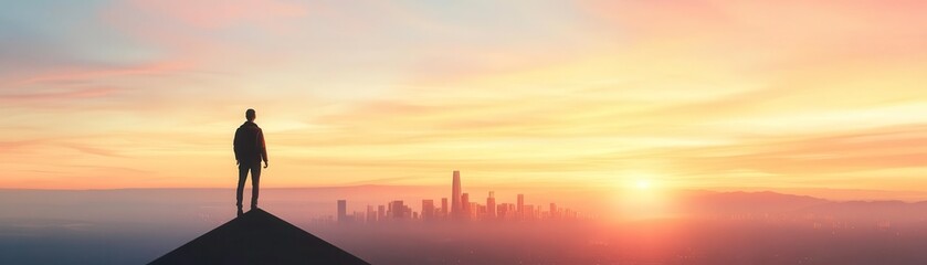 Obraz premium person standing atop tall building, overlooking city skyline at sunset