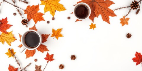 Autumn cozy composition with plaid, cup of coffee on white background, flat lay top view, coffee, winter